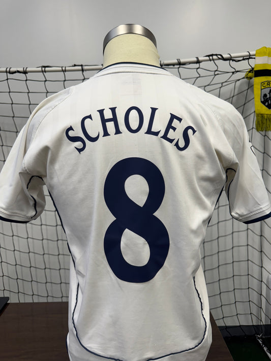 England 2002 Scholes #8 Home w/ World Cup 2002 Patches - M